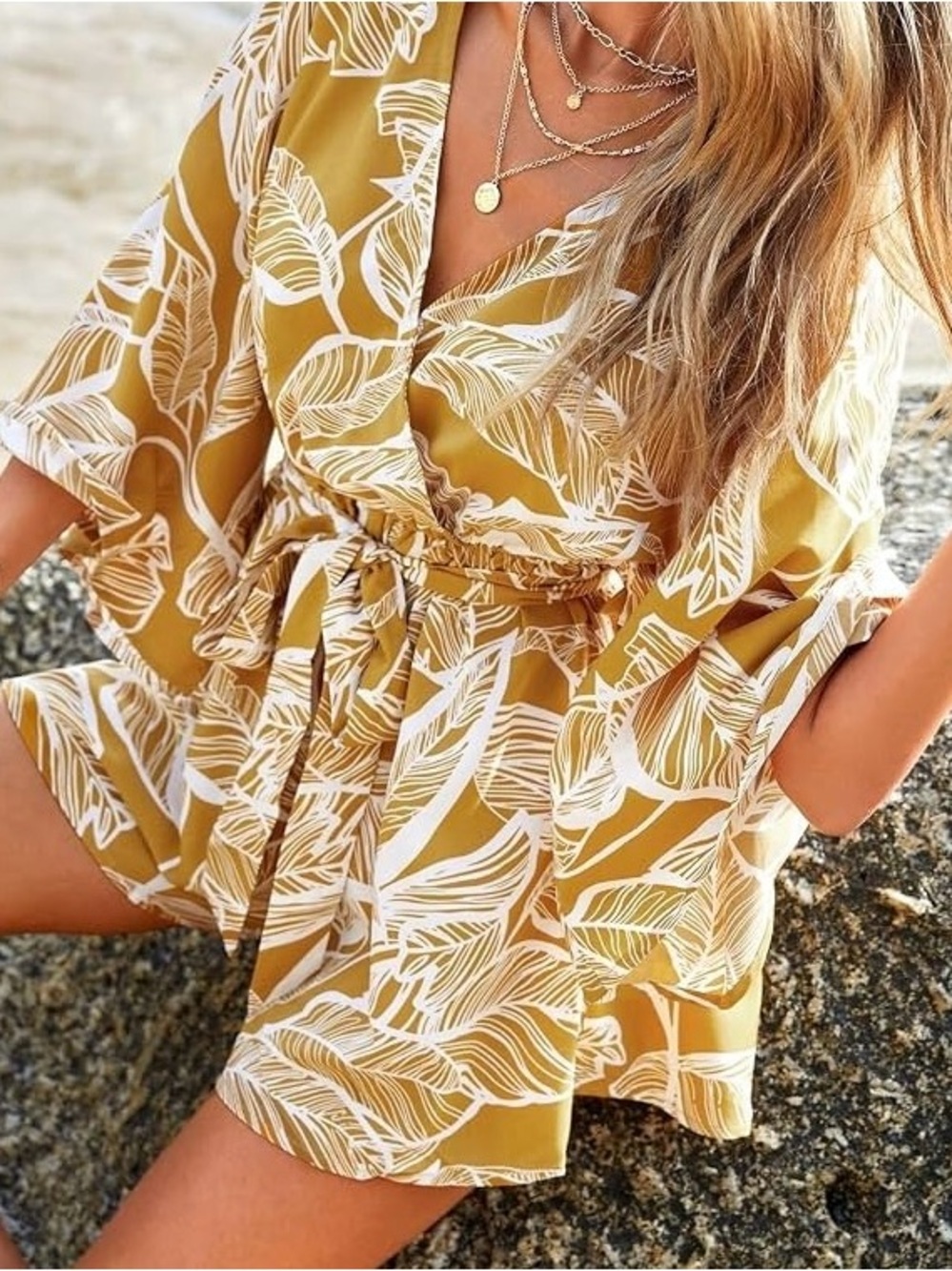 🔵 2 for $14 | Romper Shorts Long Flowy Sleeve  | V-Neck Faux Wrap | Size Large